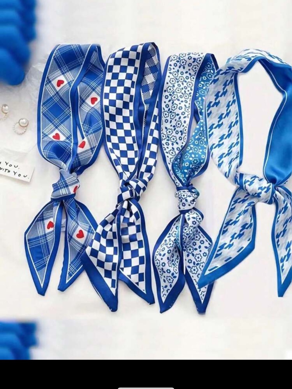 Blue Patterned Silk Bag Scarves - Set of 4